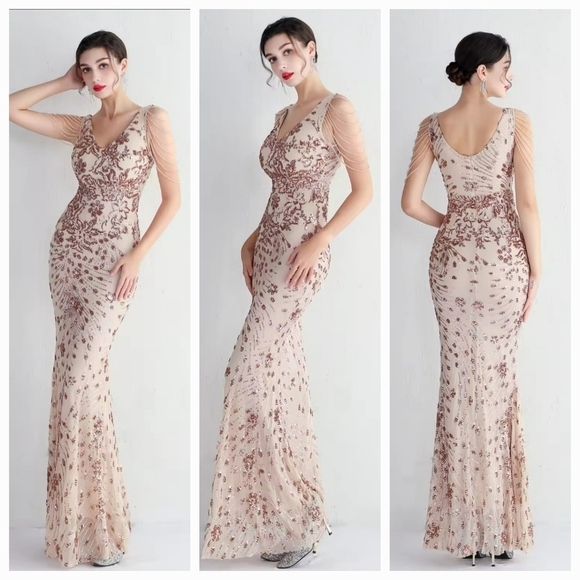 Gold, Floral Print,  V Neck,  Beaded Draped Sleeves,  Contrast Sequined Gown - Picture 1 of 16